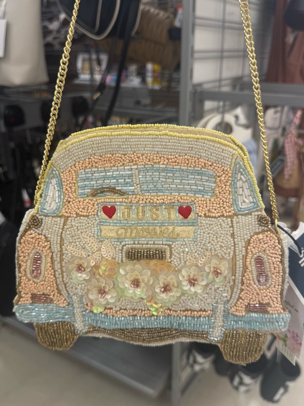 Beaded Vintage Car just married Crossbody Bag in Pastel Multi